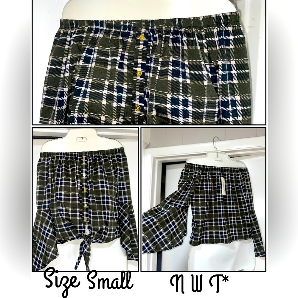 Very cute plaid off-shoulder bell sleeve blouse!